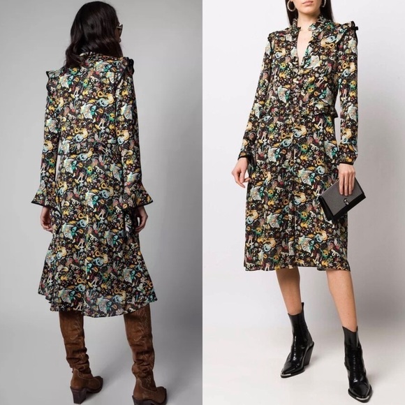 NEW ZADIG VOLTAIRE Circus Print Long Sleeve Tie Cuff Ruffled Button Up Dress XS - Picture 7 of 16